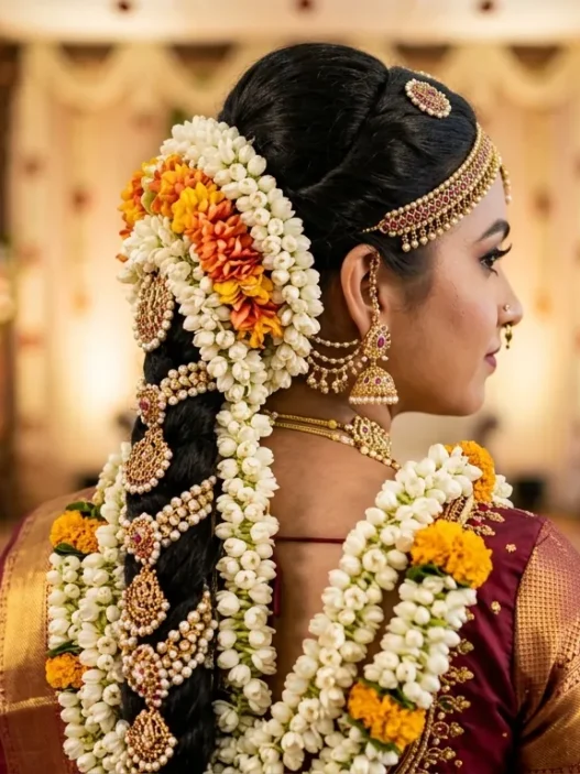 South Indian bride with elaborate braided hairstyle featuring jasmine flowers in three-quarter profile view
