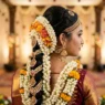 South Indian bride with elaborate braided hairstyle featuring jasmine flowers in three-quarter profile view