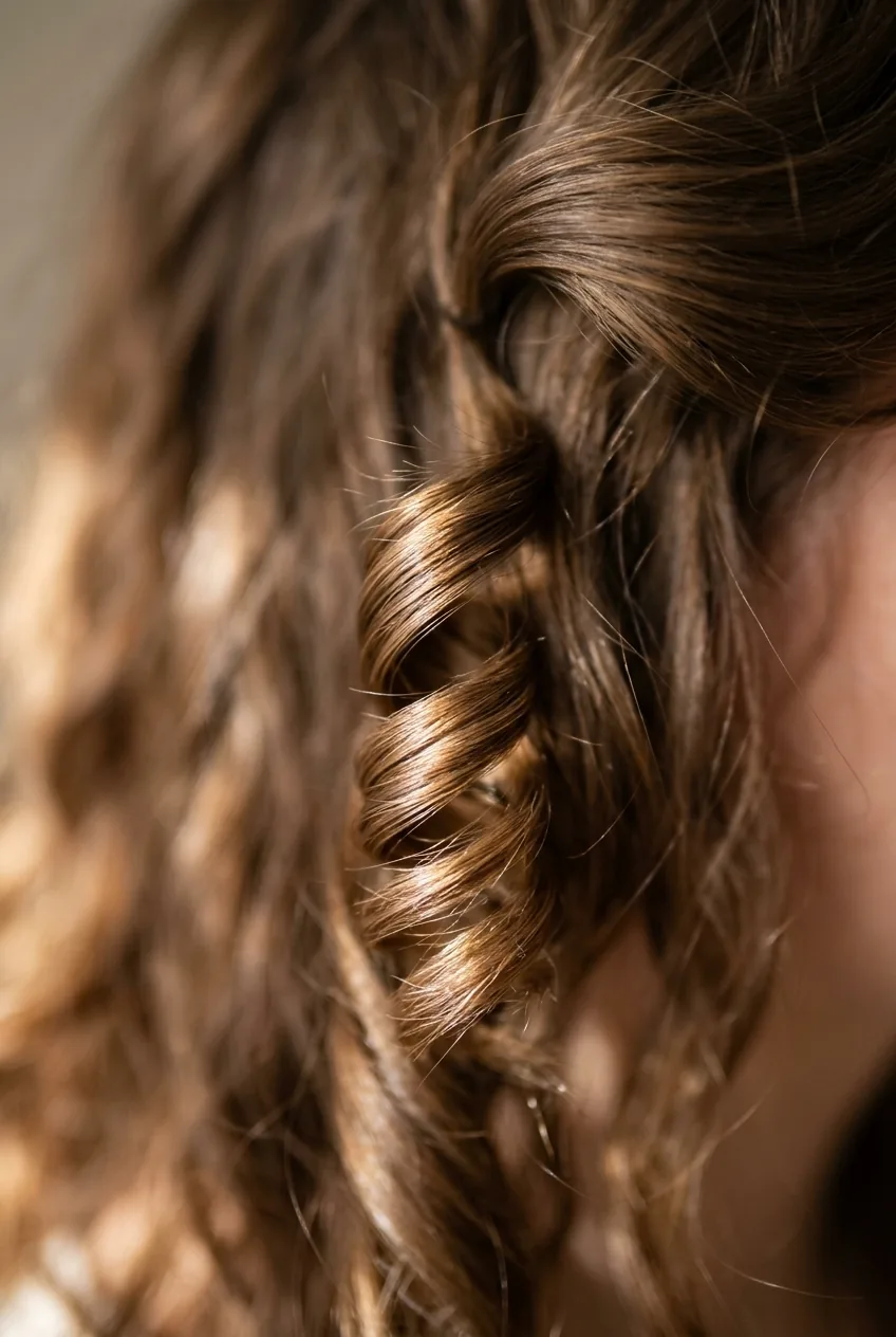 Three-quarter view of woman with half-up spiral crown hairstyle and loose curls flowing in back