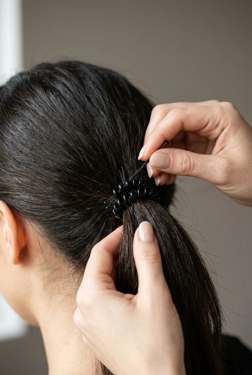 Close-up of spiral hair tie being secured with bobby pins positioned through elastic coils