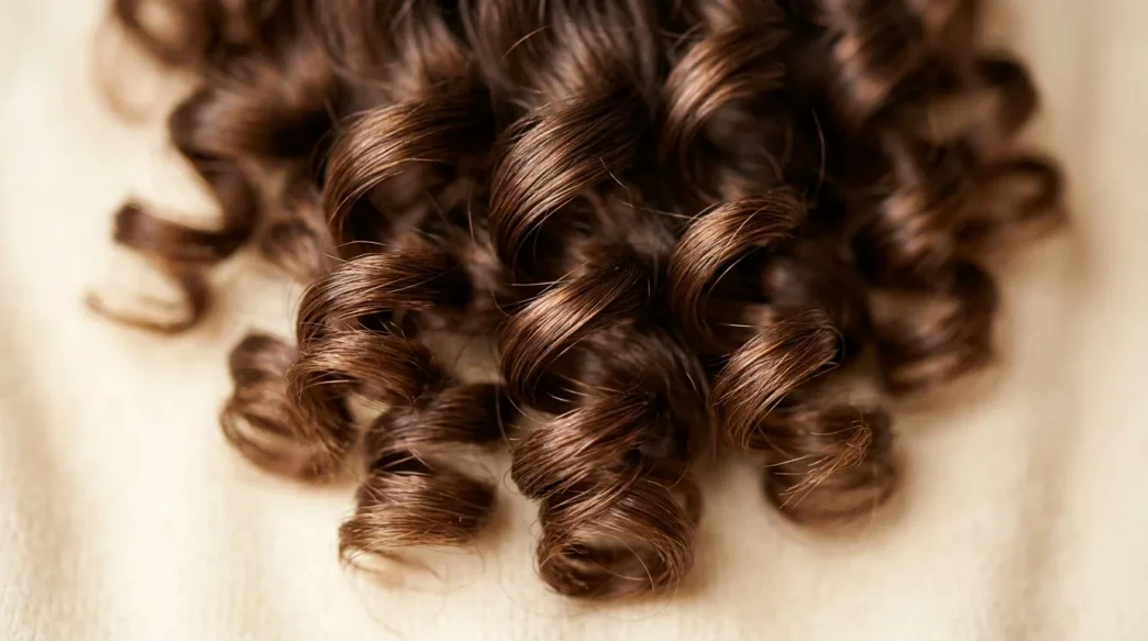 Extreme close-up of perfectly formed spiral wave pattern in brunette hair showing curl structure