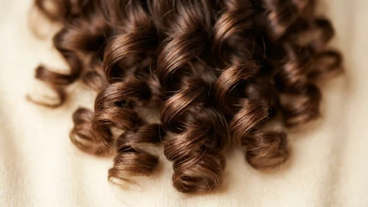 Extreme close-up of perfectly formed spiral wave pattern in brunette hair showing curl structure