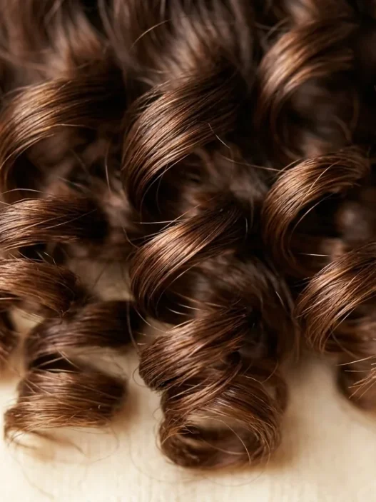 Extreme close-up of perfectly formed spiral wave pattern in brunette hair showing curl structure