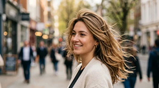 Woman showing spring hairstyle trends in natural street style photography with wind movement