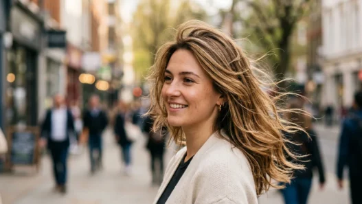 Woman showing spring hairstyle trends in natural street style photography with wind movement