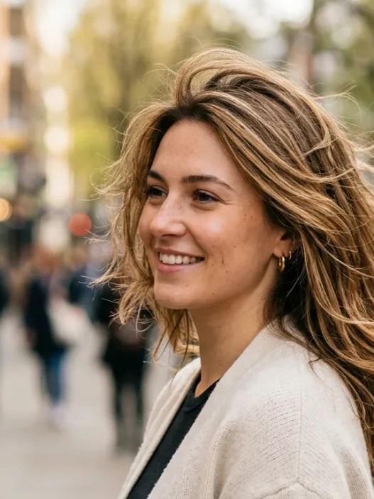 Woman showing spring hairstyle trends in natural street style photography with wind movement