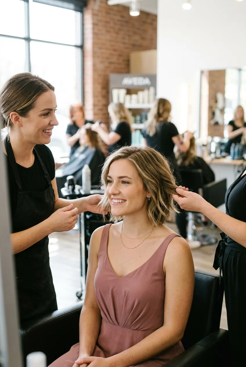 Square-faced bridesmaid with softened layered cut highlighting face-framing layers