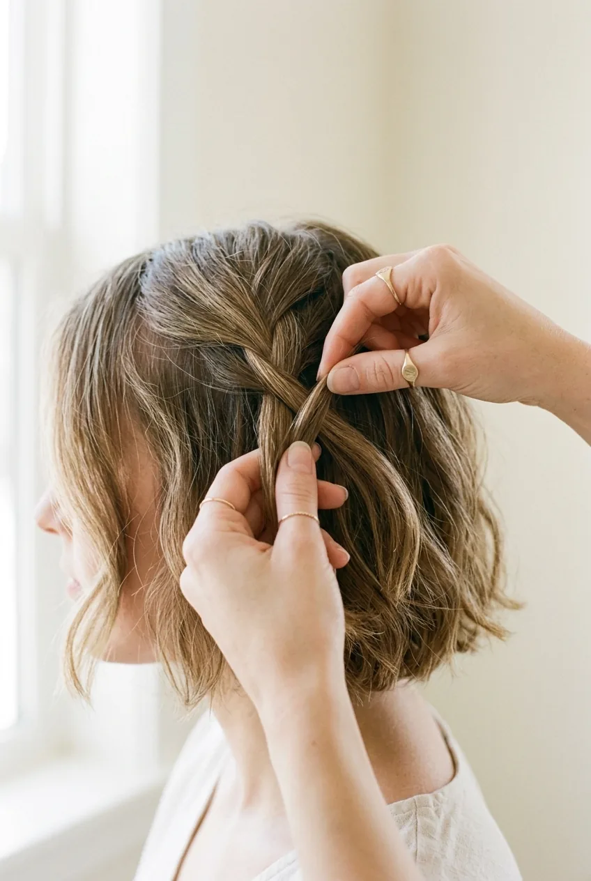 Hands starting loose three-strand braid on chin-length bob hair with careful finger positioning