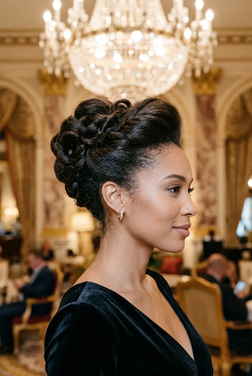 Statement twisted updo with dramatic crown height and intricate pin work detail