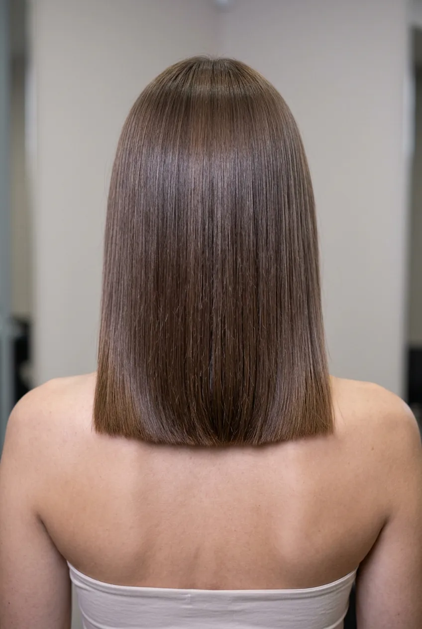 Straight blunt-cut collarbone length hair showing precise line against bare shoulders with sleek finish