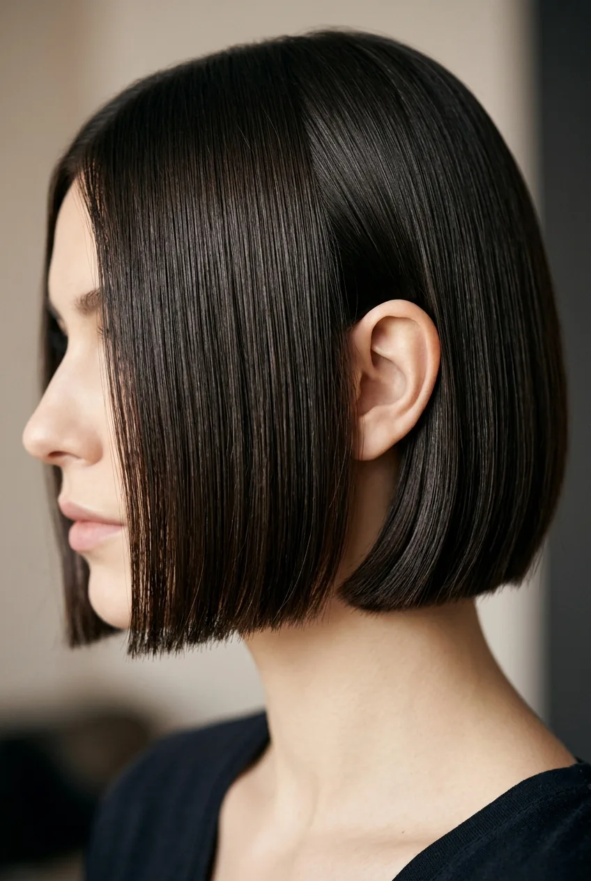 Close-up of straight bob haircut with sharp edges and perfectly smooth finish