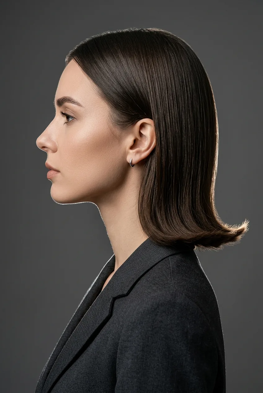 Woman with straight bob haircut showing subtle outward flip at the ends