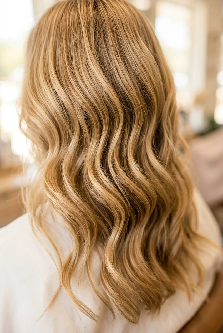 Sandy blonde straight hair transformed into textured beach waves with styling