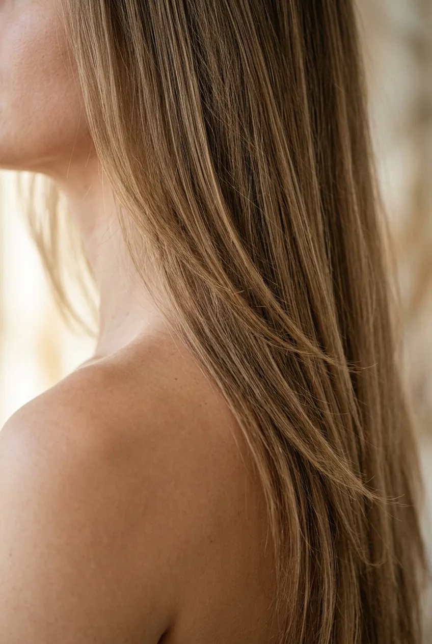 Straight long hair with subtle layering visible in natural light over bare shoulder