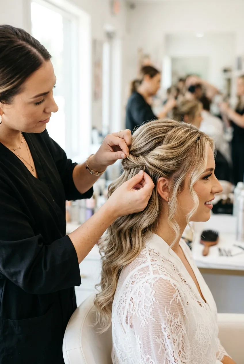 Hair stylist strategically placing bobby pins for invisible support in wedding hair down style at temples