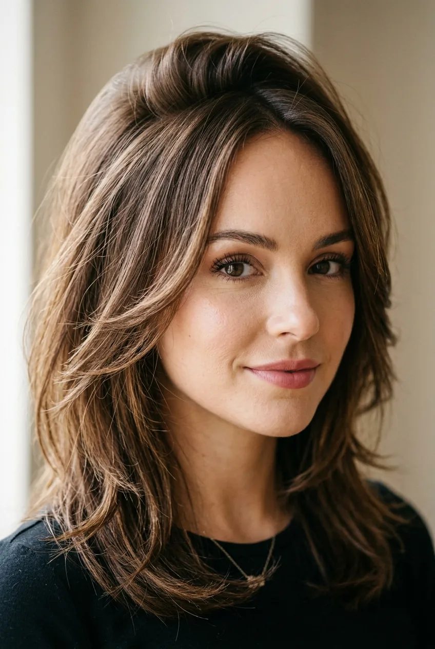 Close-up of strategic crown volume and textured layers creating balance for larger forehead