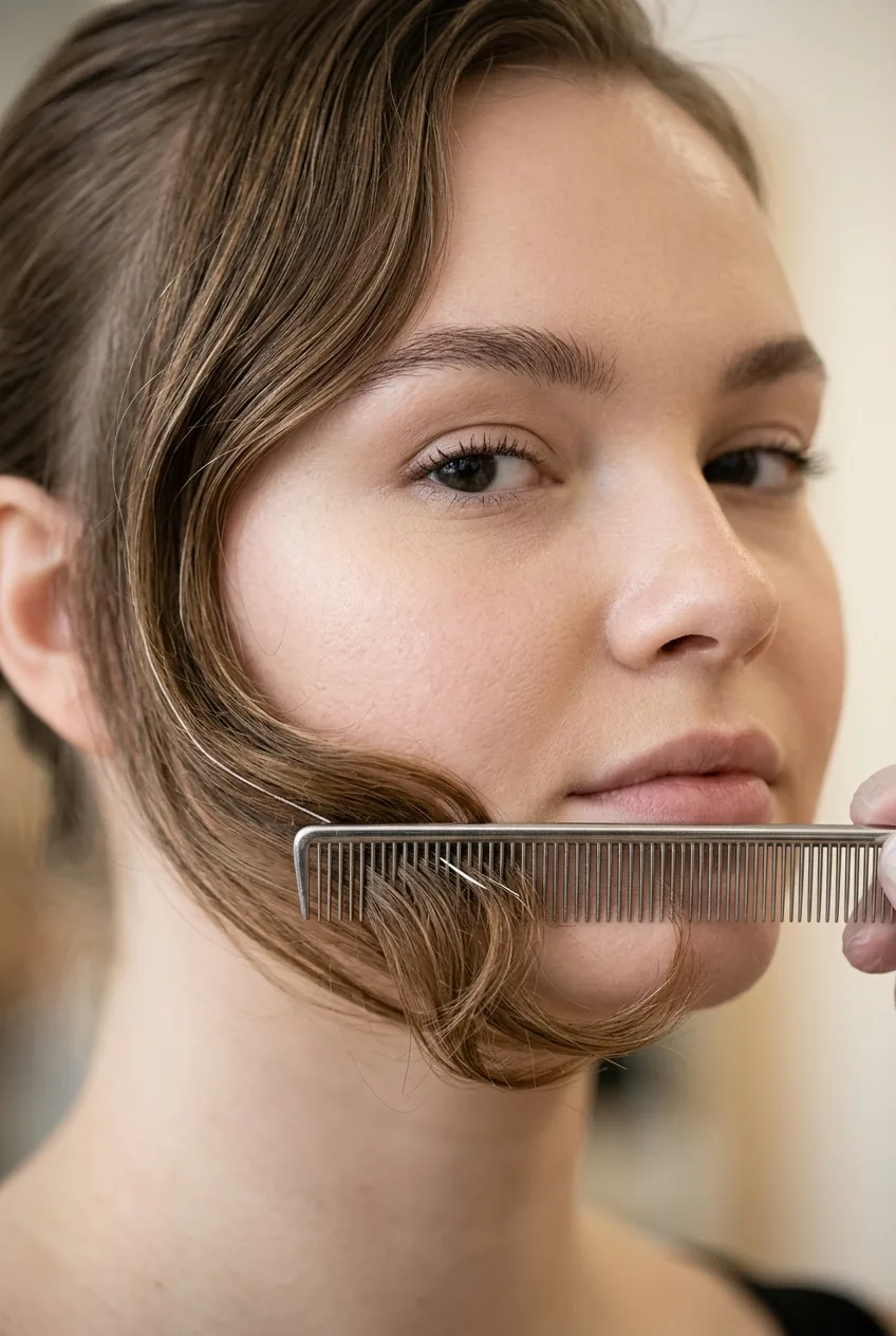 Fine-tooth comb positioning to mark strategic cutting points on woman with round face from earlobe to jawline
