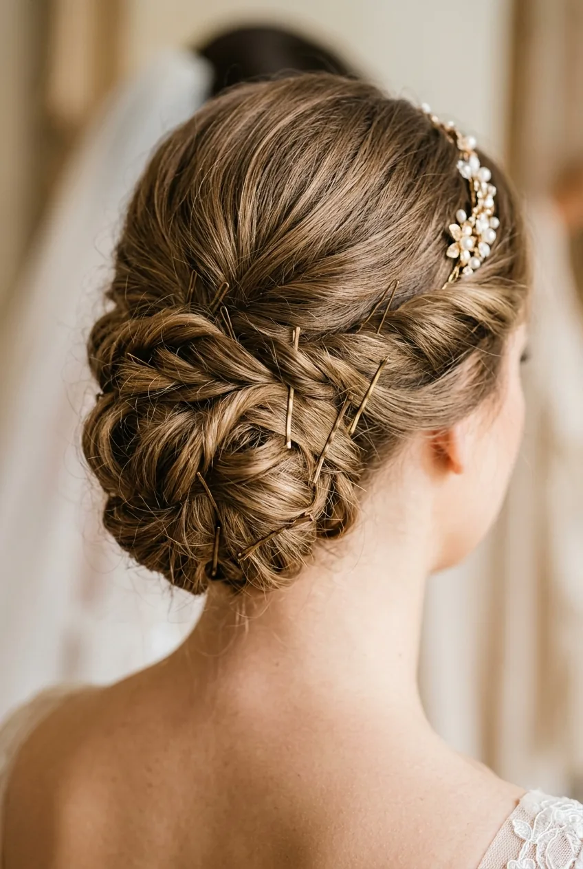 Bobby pins strategically placed around completed bridal bun showing proper pin placement technique