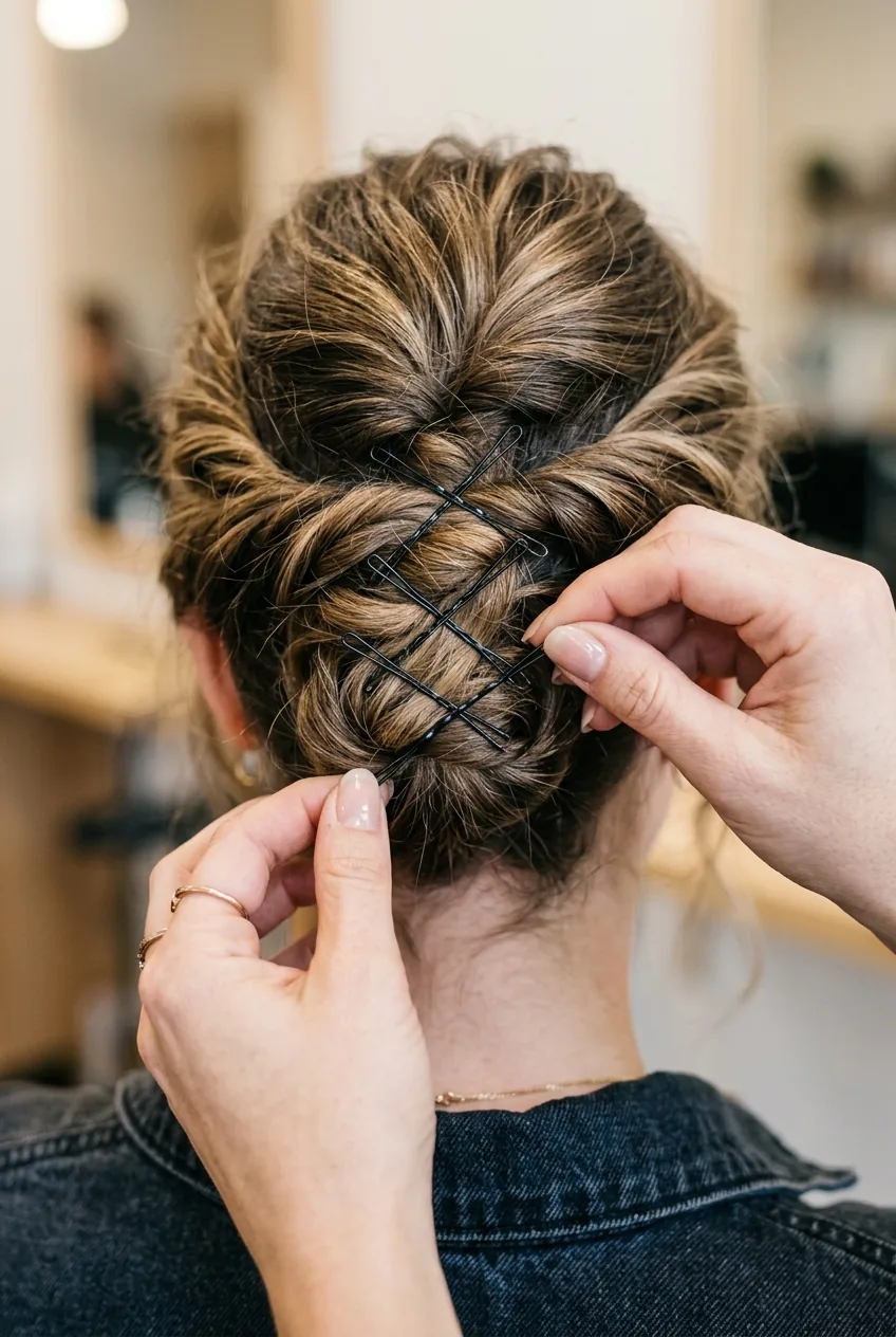 Detailed view of bobby pins being crossed in X-pattern through twisted hair sections for security
