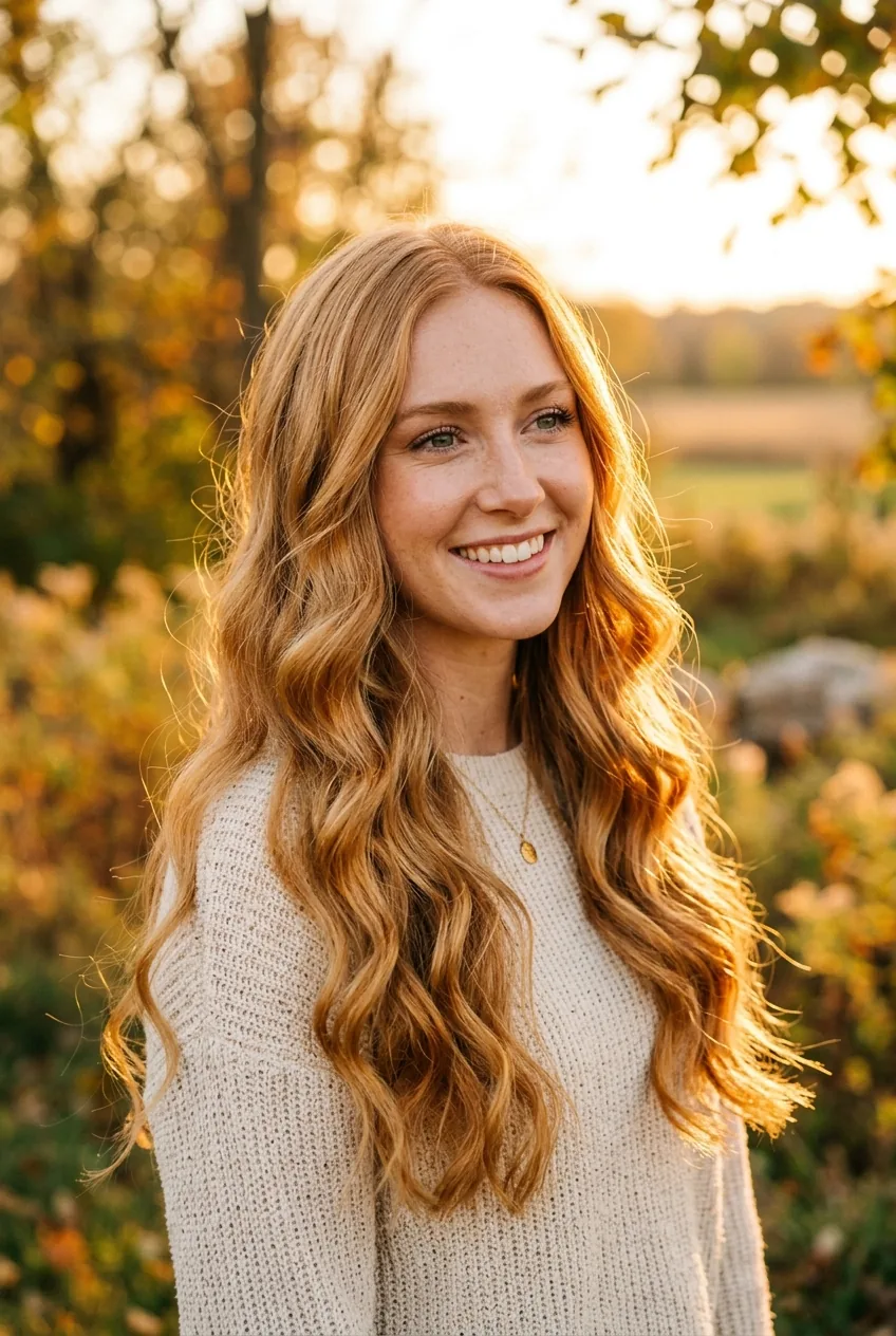 Woman with strawberry blonde wavy hair styled in romantic spirals during golden hour lighting