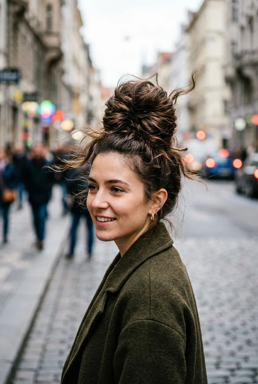 Woman with structured high top knot showing architectural height and drama