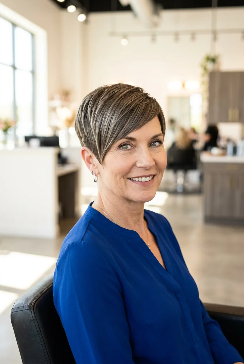 Structured pixie cut showing geometric precision and polished styling on confident woman