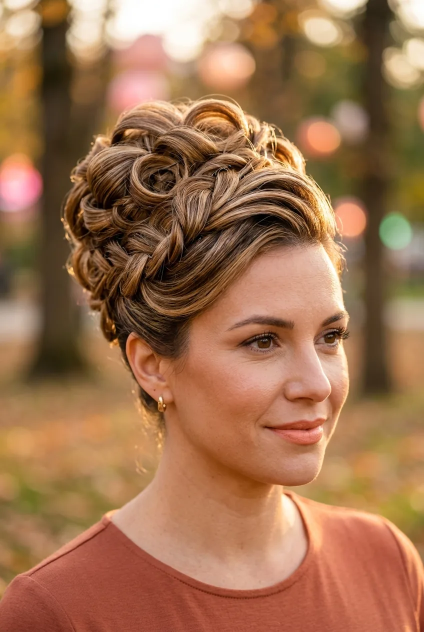 Woman with tightly structured formal updo showing excessive hairspray and rigid styling