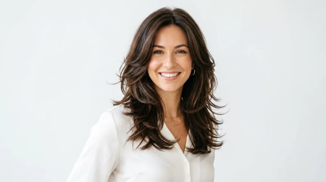 Woman with beautifully styled layered hair showing natural movement and volume in bright lighting
