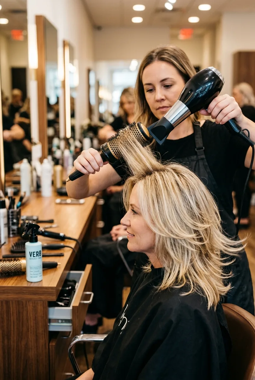 Blonde layered hair being styled with round brush and blow dryer showing root lift technique