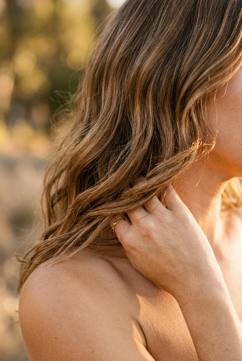 Close-up of hands styling collarbone length textured hair showing natural movement and healthy shine