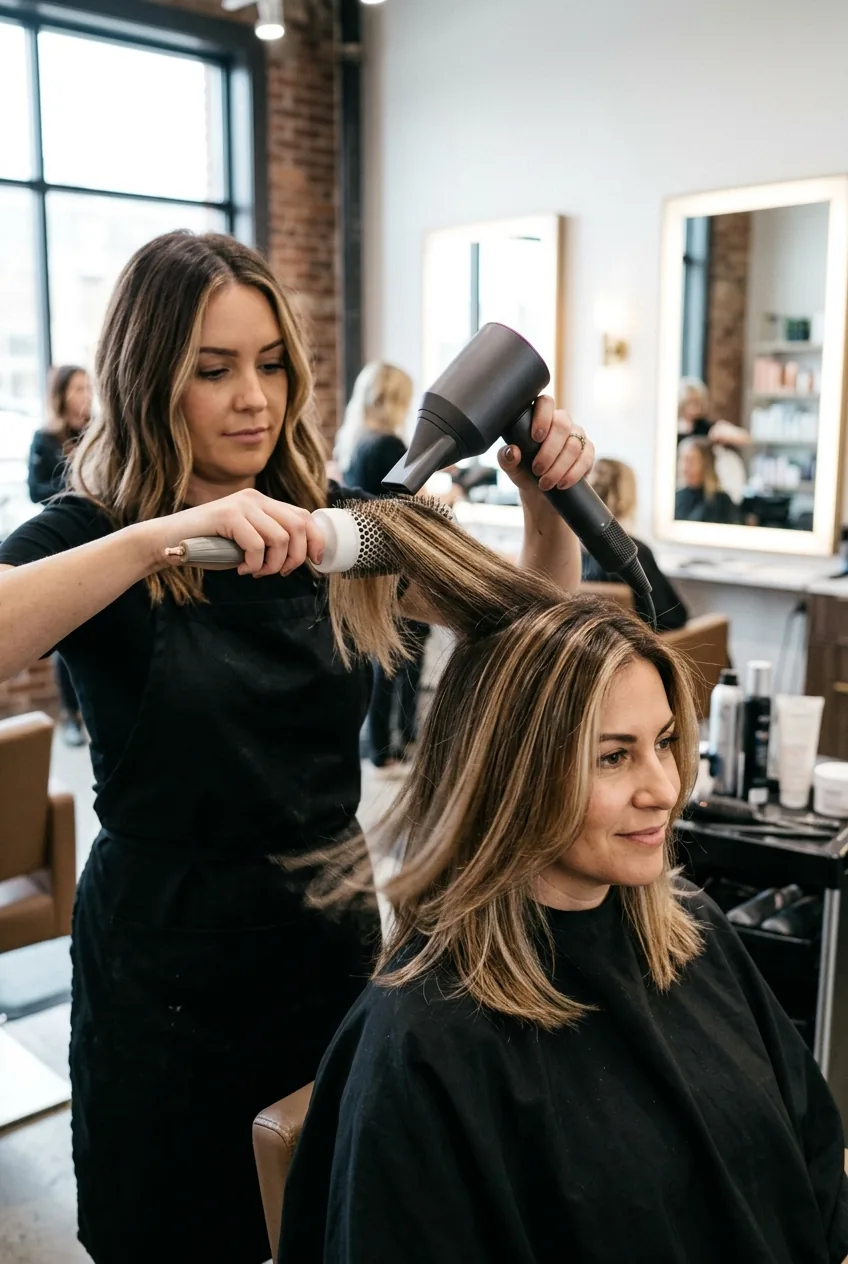Professional blow-drying and styling of completed dimensional lob balayage color