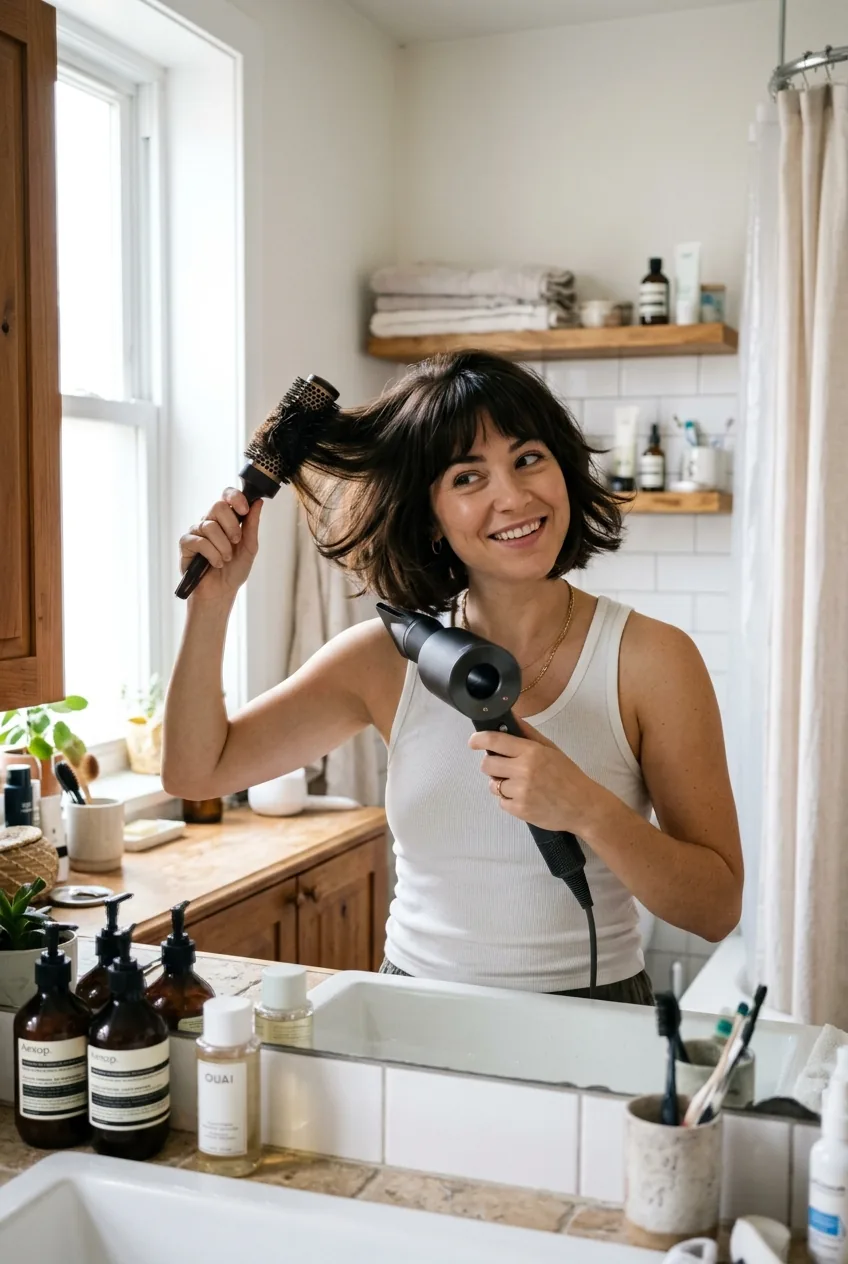 Woman blow-drying her new French bob with round brush in natural bathroom lighting