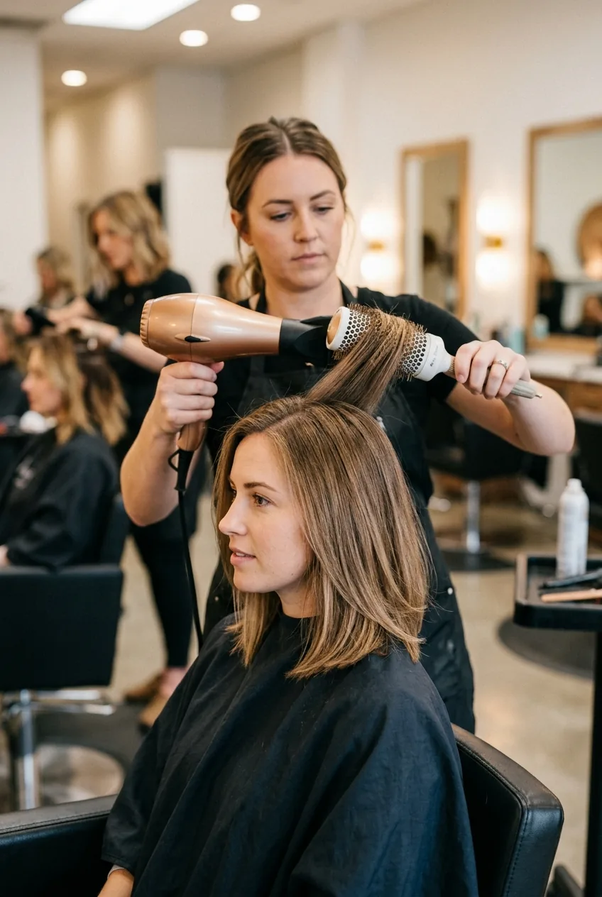 Woman getting lob styled with round brush blow-drying for subtle end curve