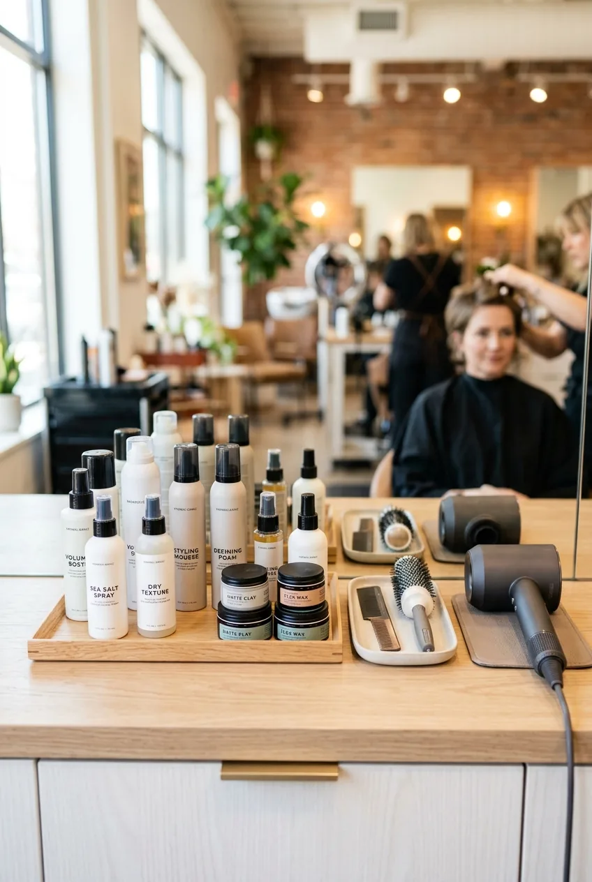 Professional styling products including mousses and sprays arranged for short hair maintenance