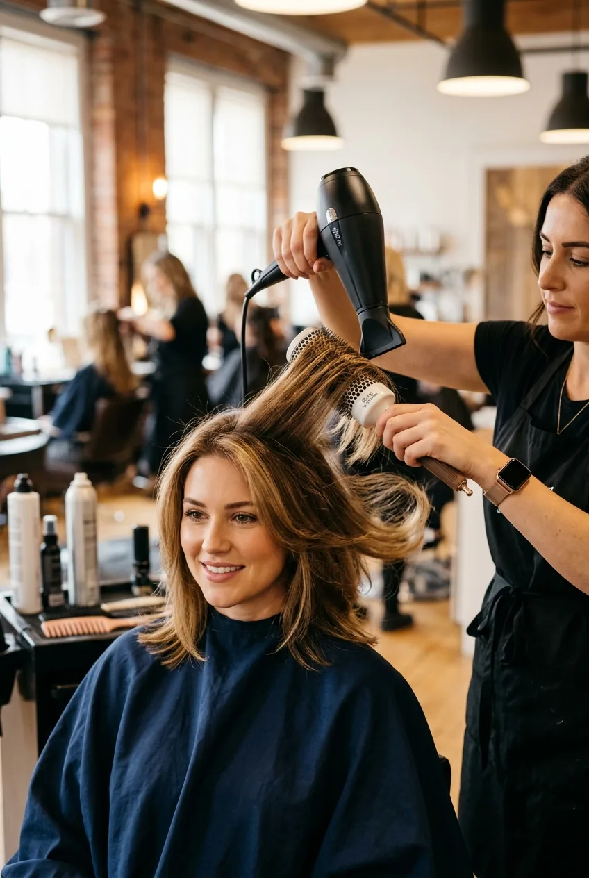 Professional styling shoulder length hair with round brush and blow dryer creating volume