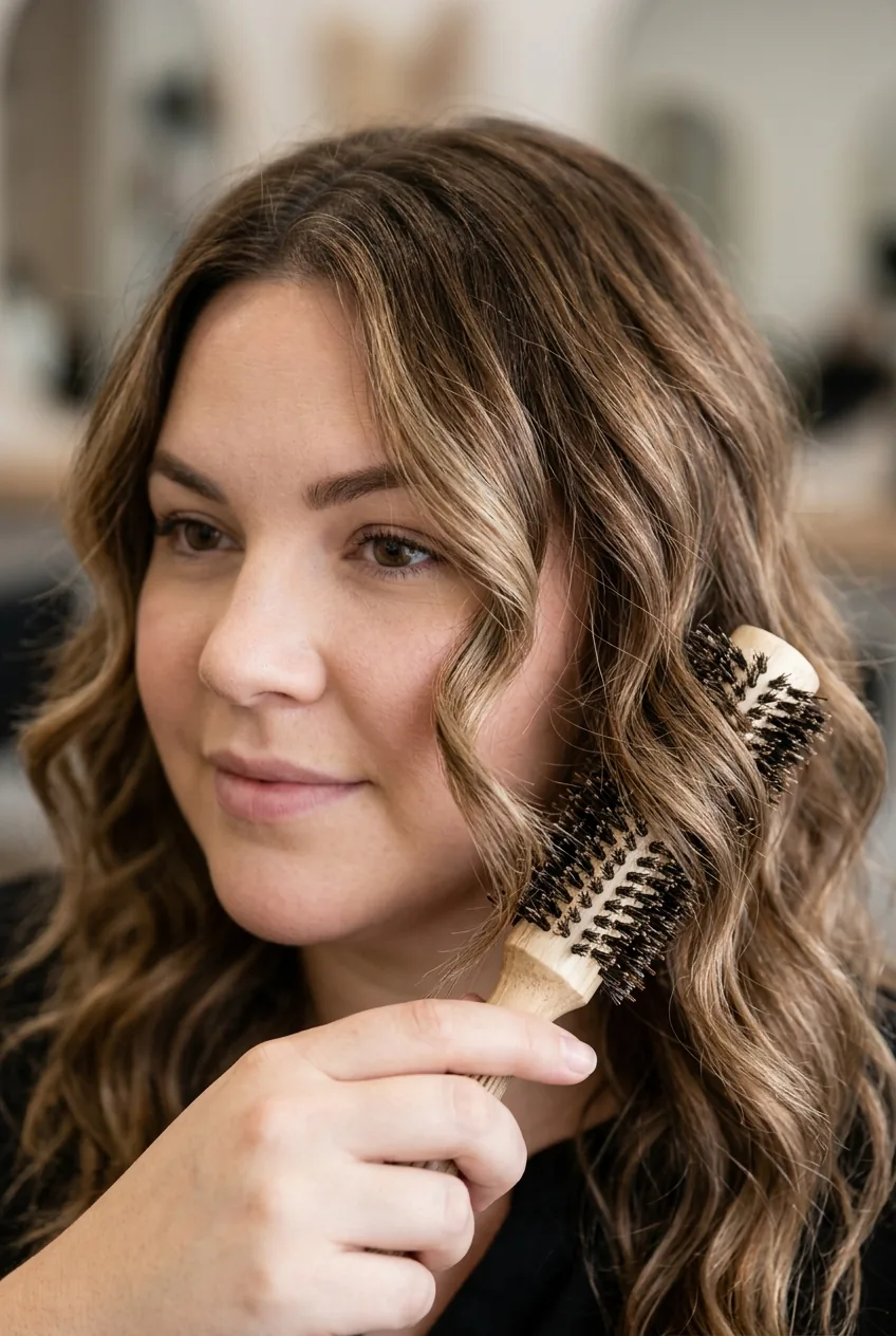 Woman with round face demonstrating proper blow-drying technique using round brush on forward-angled face-framing layers