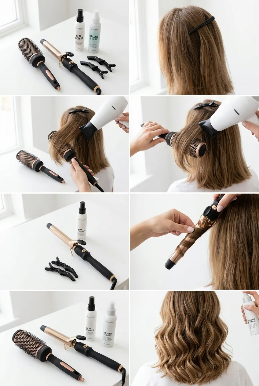 Hair styling tools including round brush, curling iron, clips and products arranged neatly