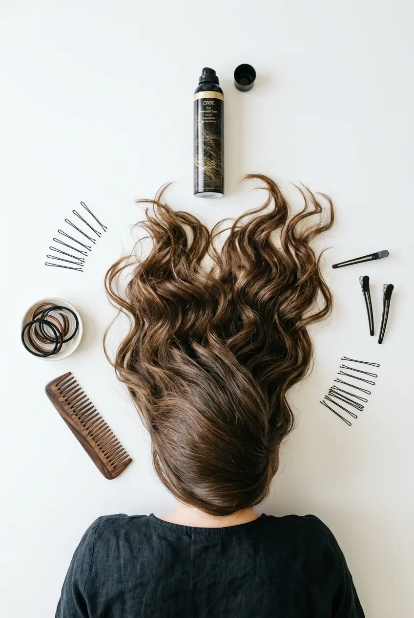 Hair styling tools including bobby pins, elastics, and spray arranged around long hair