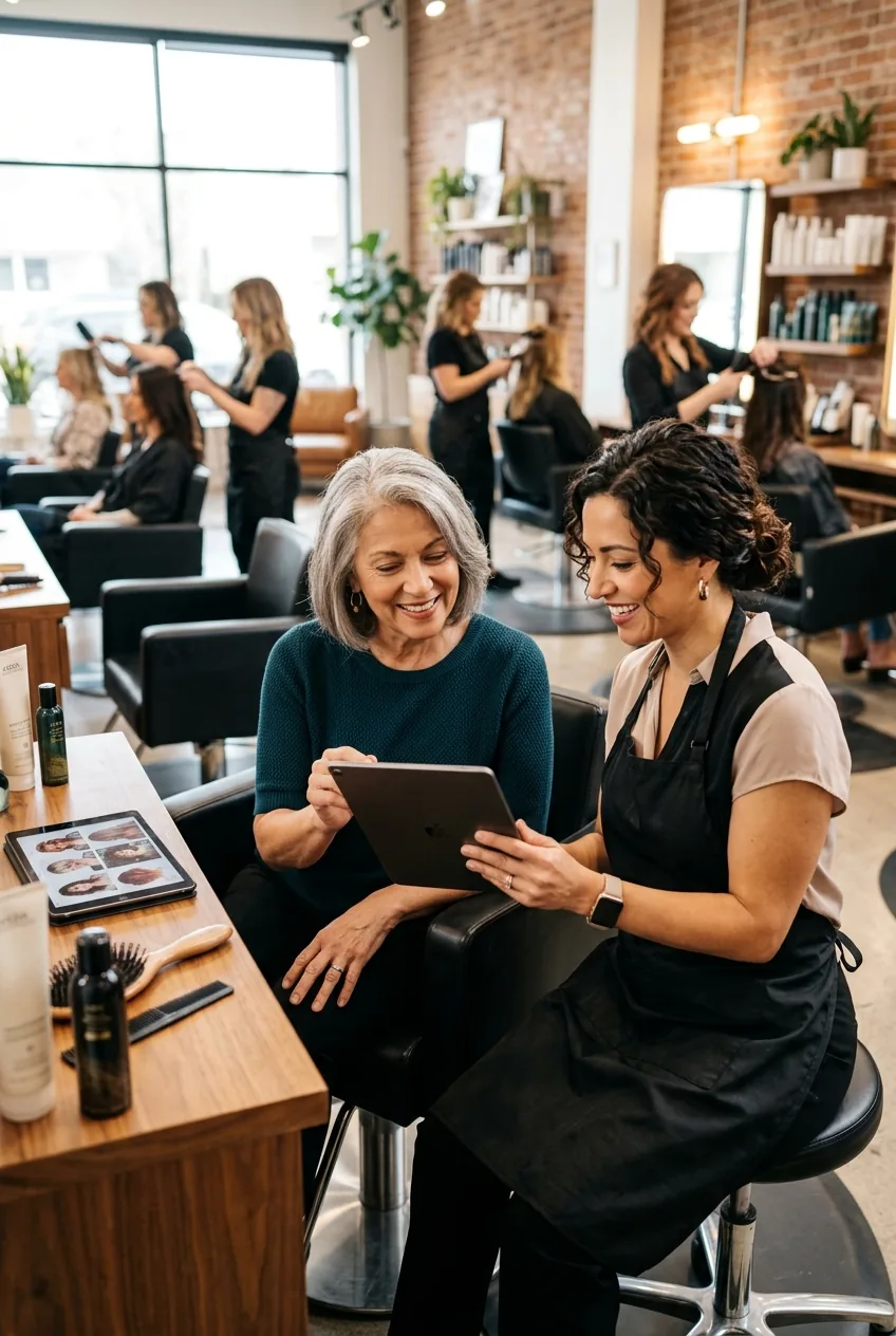 Female hair stylist and mature client looking at hairstyle photos together on tablet in salon chair