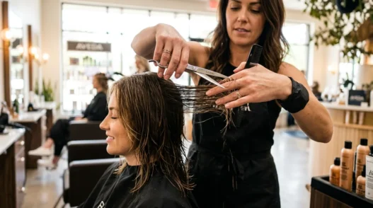 Professional hair stylist cutting layered shag hairstyle on female client in bright salon setting
