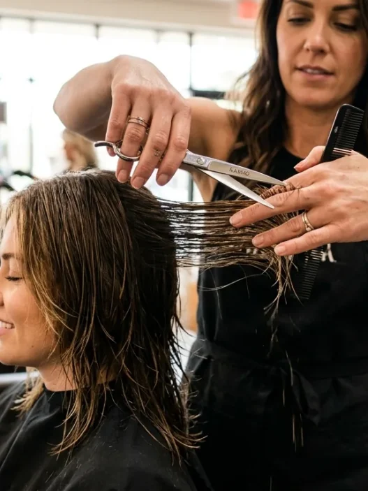 Professional hair stylist cutting layered shag hairstyle on female client in bright salon setting
