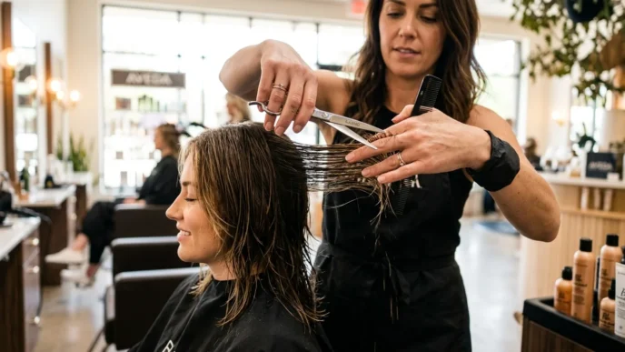 Professional hair stylist cutting layered shag hairstyle on female client in bright salon setting
