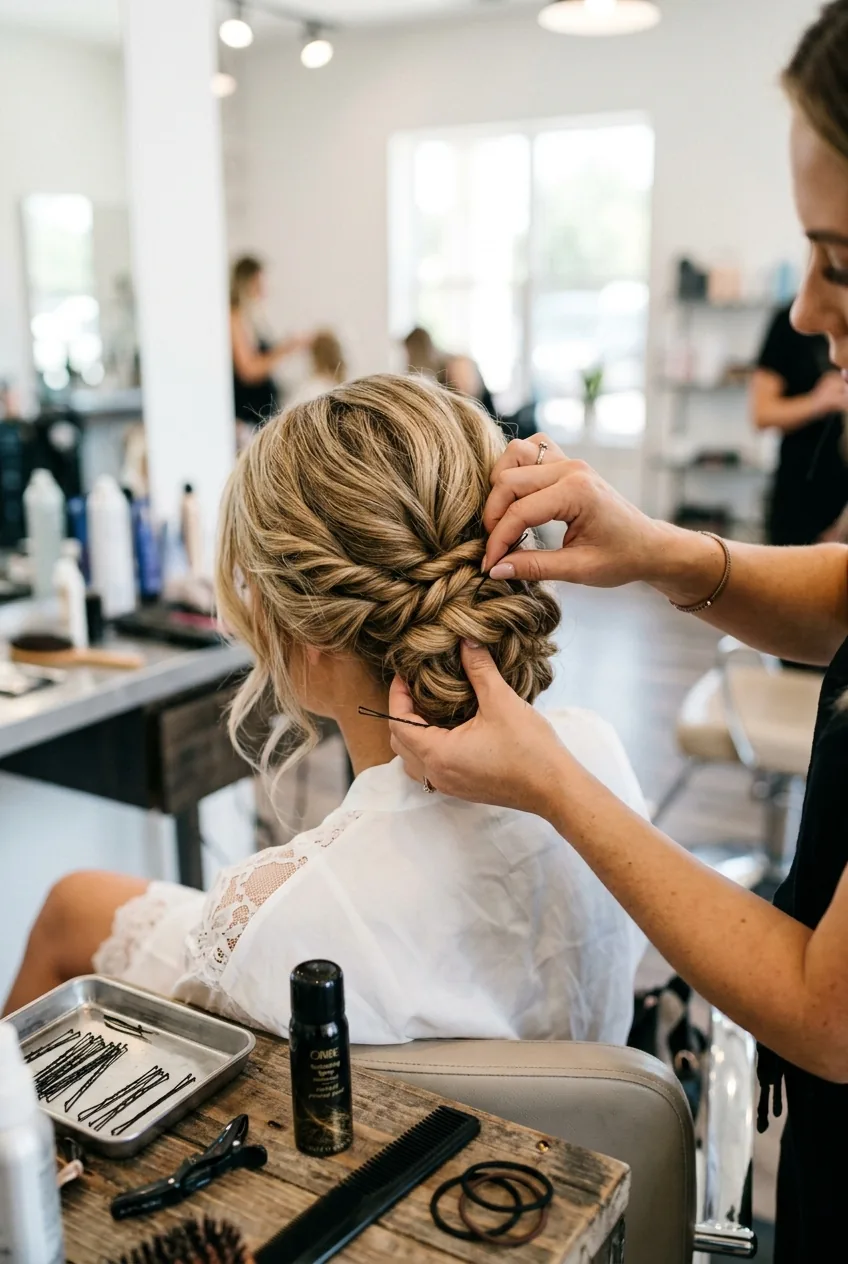 Bridal stylist's hands creating twisted chignon updo with professional tools on medium hair