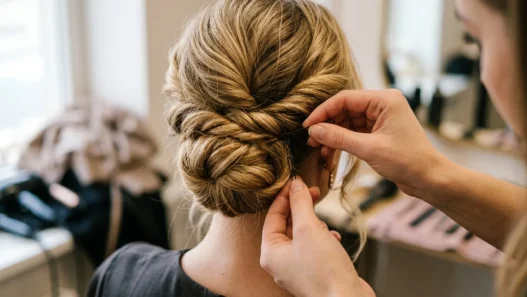 Stylist's hands threading bobby pin into twisted curly updo section at nape of neck