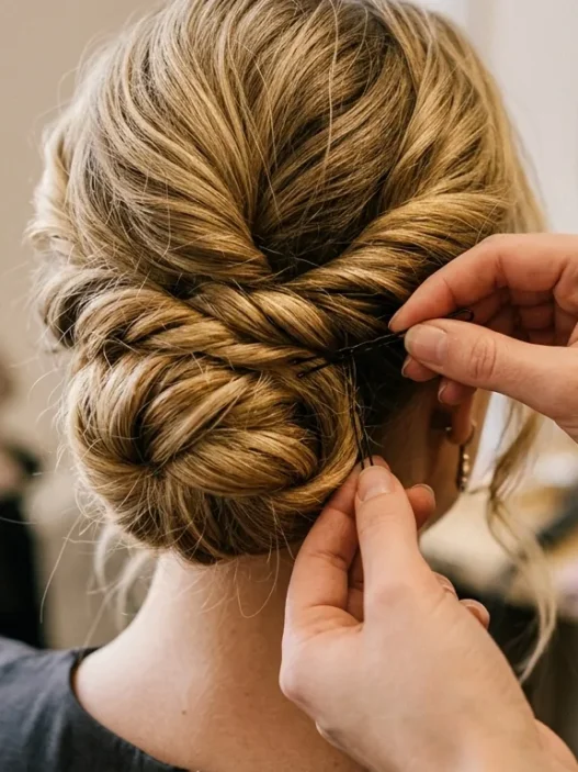 Stylist's hands threading bobby pin into twisted curly updo section at nape of neck
