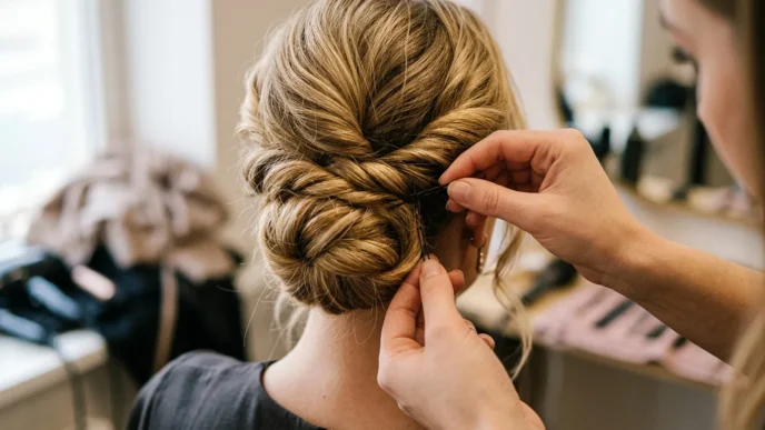 Stylist's hands threading bobby pin into twisted curly updo section at nape of neck