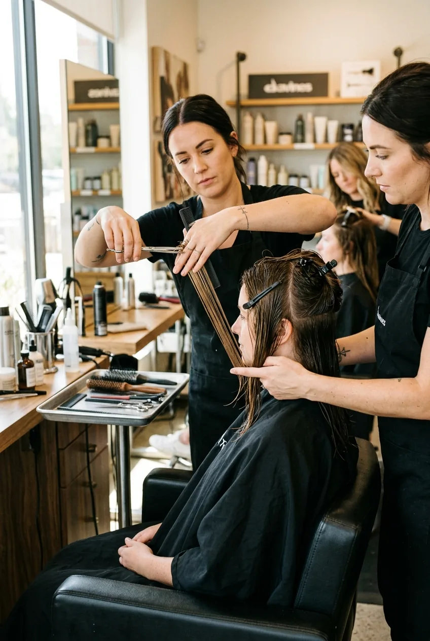 Hair stylist sectioning damp hair at shoulder length before cutting lob foundation