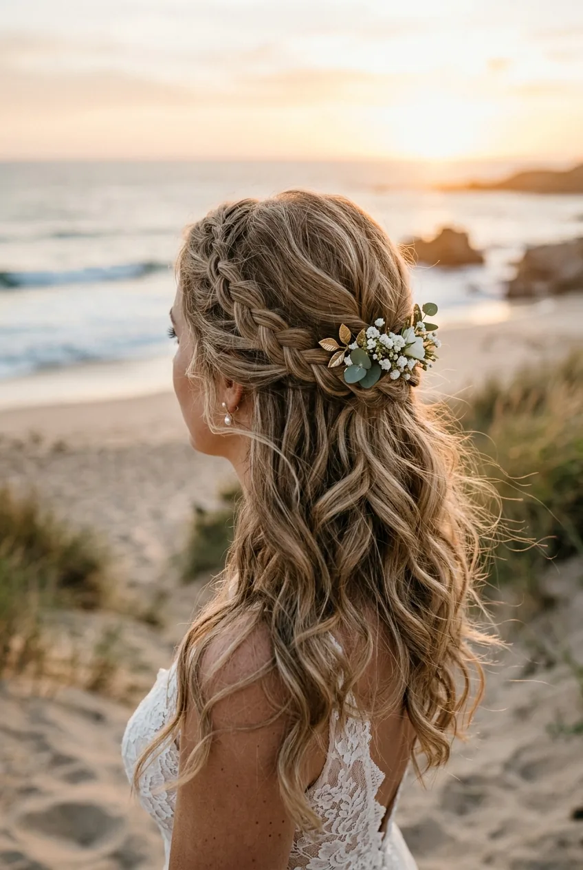 Bride with subtle side braid accent disappearing into loose waves at beach ceremony