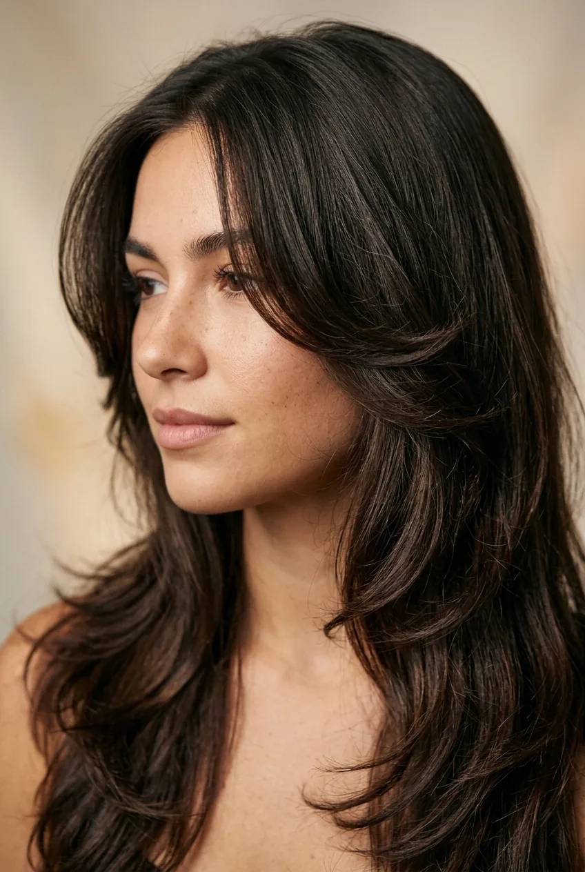 Woman with butterfly haircut styled with subtle curves in face-framing pieces showing natural movement