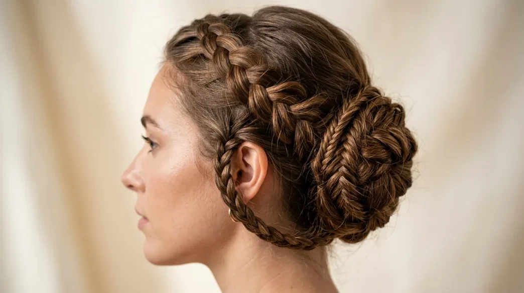 Woman with intricate braided updo showing detailed weaving patterns and summer styling texture